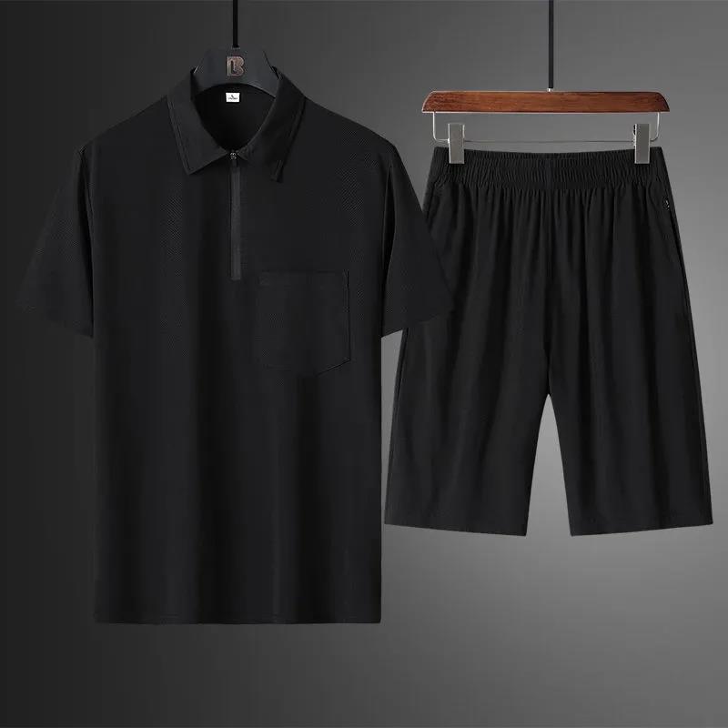Middle-aged and Elderly Sports Suit Men's Summer Ice Silk Quick-drying T-shirt Short-sleeved Shorts Dad Wear Casual Running Two-piece Suit