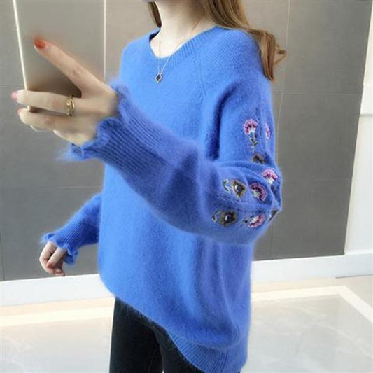 Round Neck Embroidered Top Loose Casual Long-sleeved Sweater All-match