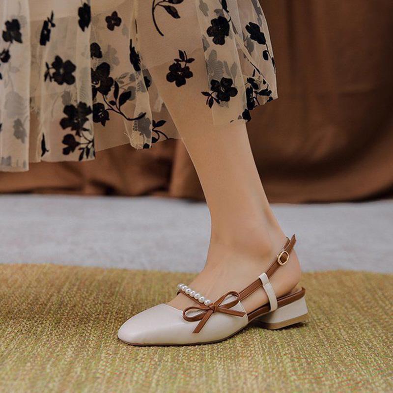 Fairy Style French Single Shoes Women Summer Mid-heel Thick-heeled Small Leather Shoes with Skirt One-word Buckle Sandals