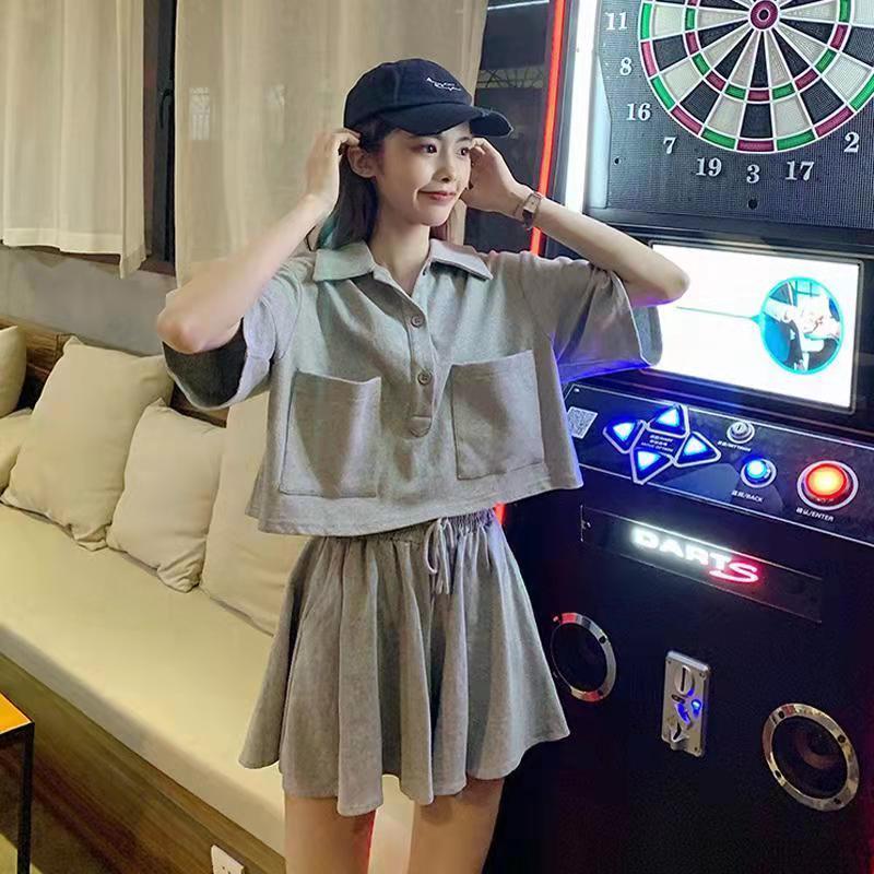 Two-piece Women's Polo Collar Workwear Loose All-match Short-sleeved T-shirt + Wide-leg Culottes Set Casual Sportswear Home Clothing