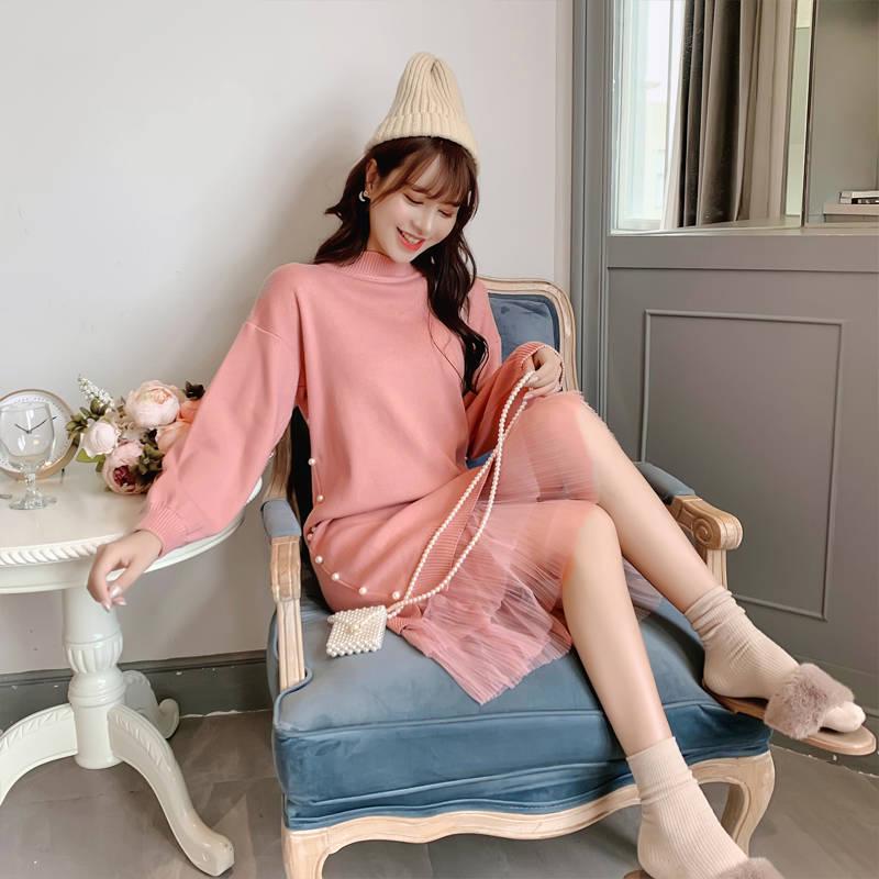 Pofulove Women Pearl Sweater Dress Long Section Turtleneck Beading Lace Knitted Skirt Pullover
