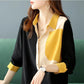 ChiffonTurn-down Collar 3/4 Sleeved Dress Spring and Autumn Large Size Loose Above Knee Length Buttons Color Stitching