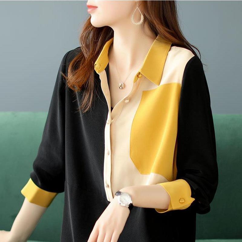 ChiffonTurn-down Collar 3/4 Sleeved Dress Spring and Autumn Large Size Loose Above Knee Length Buttons Color Stitching