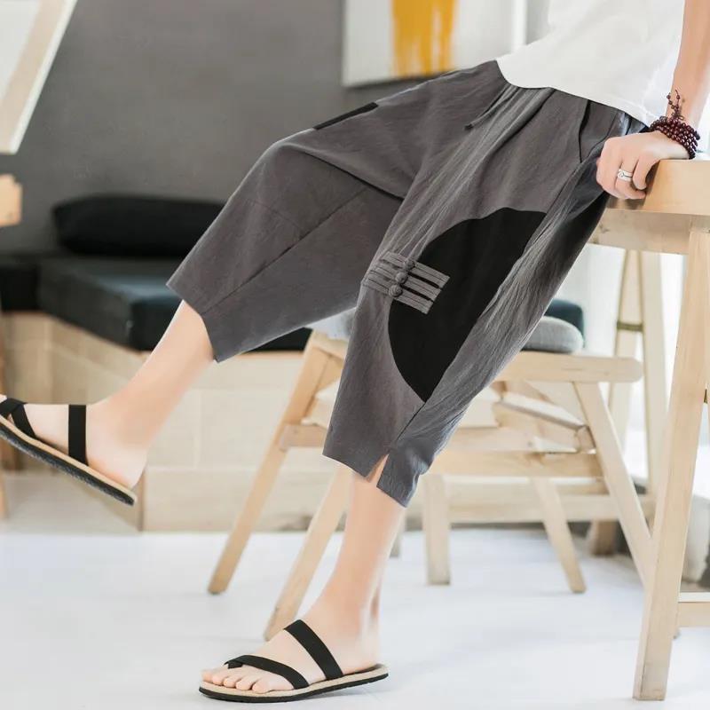 Men's Cropped Trousers Loose Cotton Linen Men's Trousers Summer Thin Casual Pants