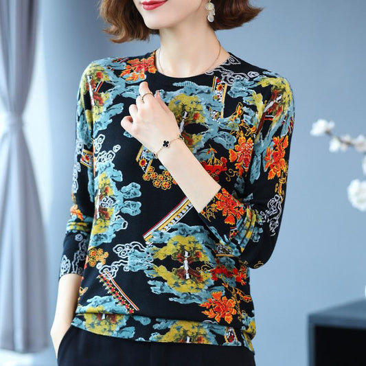 Autumn and Winter Printing Bottoming Shirt Women's Plus Size Casual Sweater Fashion Round Neck Printed Sweater