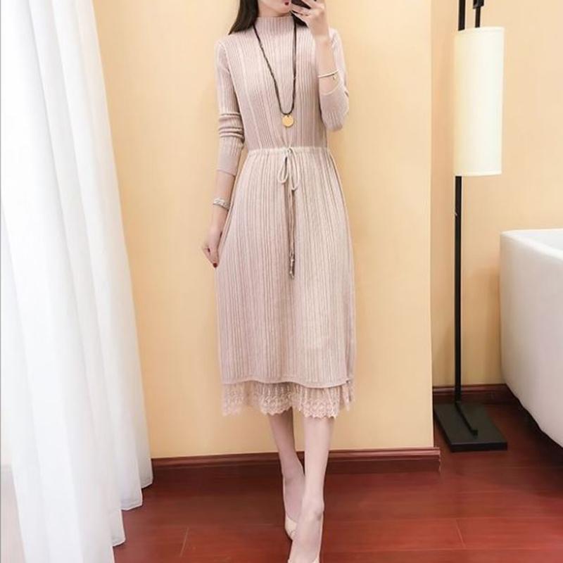 Long Sweater Dress Over The Knee Thickening New Women's Half High Neck Lace Stitching Lace Knitted Dress
