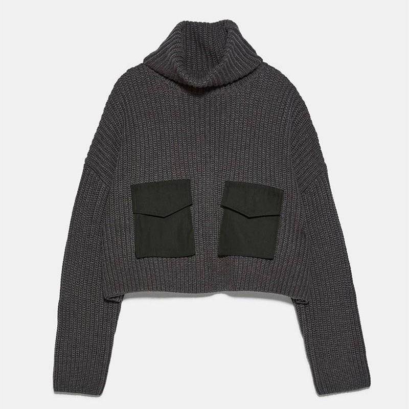 Lazy Wind Loose Head High Collar Women Knit Sweater Pure Black Double Pockets Lady Fashion Sweaters
