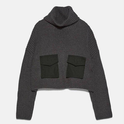 Lazy Wind Loose Head High Collar Women Knit Sweater Pure Black Double Pockets Lady Fashion Sweaters