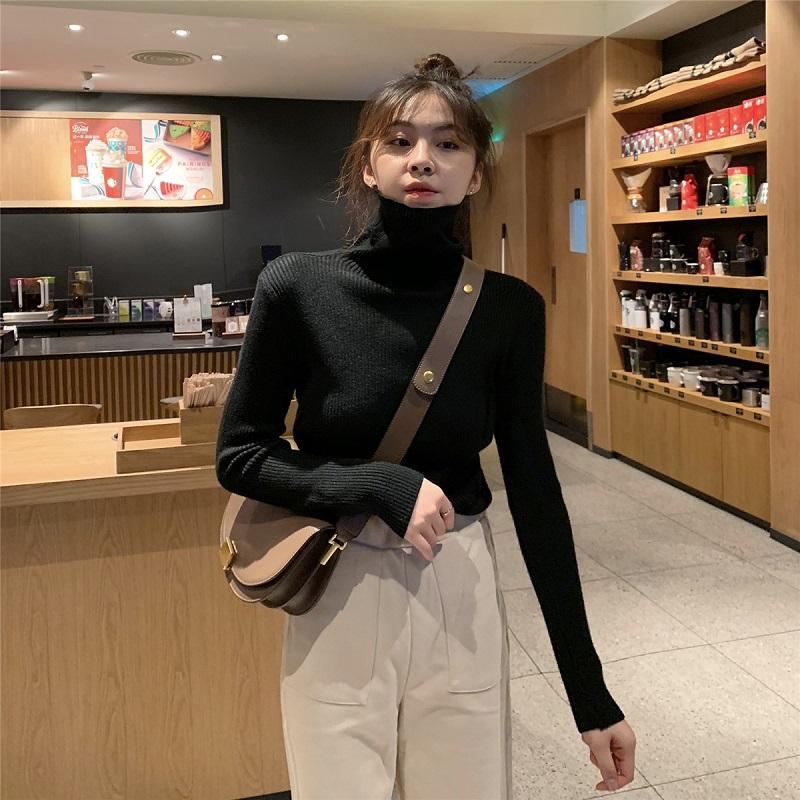 Pofulove Turtleneck Sweater Solid Color Pile Neck Sweater Undershirt Women Autumn and Winter Thick