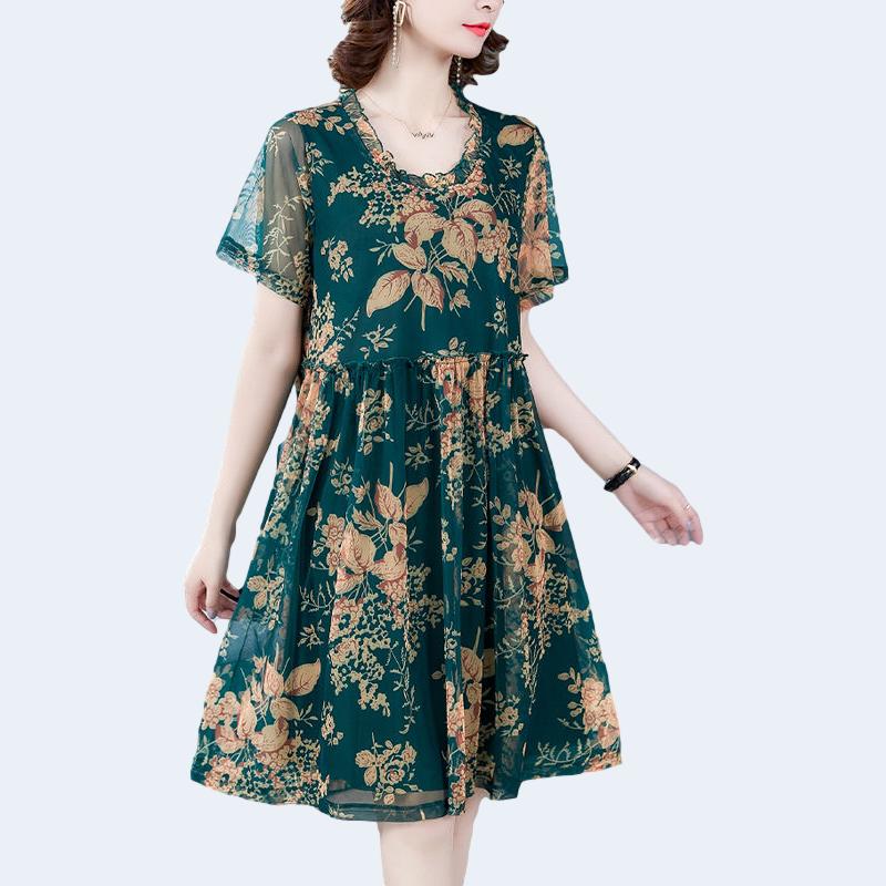 Women's Summer Dress XL-XXXXXL Chiffon Veil Short Sleeve Round Neck Printing Daily Wear