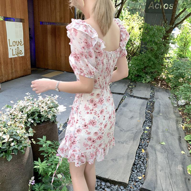 Women's Summer Ruffle Elegant Waist Slim Drawstring Printed Chiffon Short Floral Dress