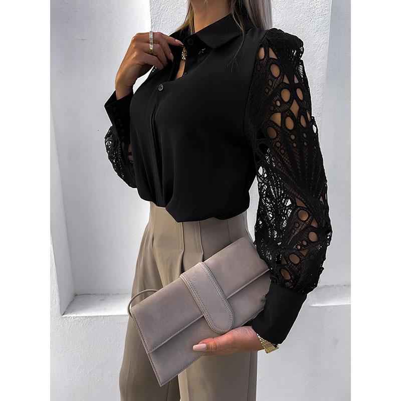 Elegant Long Sleeve Shirts Women Lapel Button Office Lady Top White Women's Sexy Embroidery Hollow Out Lace Blouse Streetwear Temperament Summer Top
