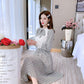 Women's Autumn and Winter Long-sleeved Dress Puff Sleeve Mid-length Floral Dress Knit Bottoming Bow Dress