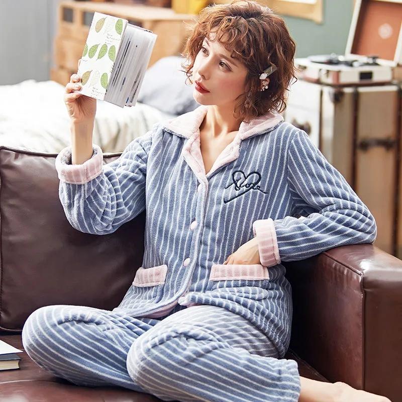 Autumn Winter Coral Fleece Pajamas Suits Women Flannel Thick Velvet Warm Sleepwear Long Sleeve Turn-down Collar Home Wear Striped Casual Nightwear