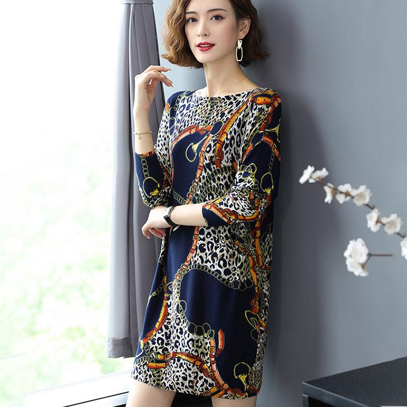Leopard Knitted Dress Women Autumn Winter Boat Neck Long Sleeve Sweater Dress Slim Pullover Dress