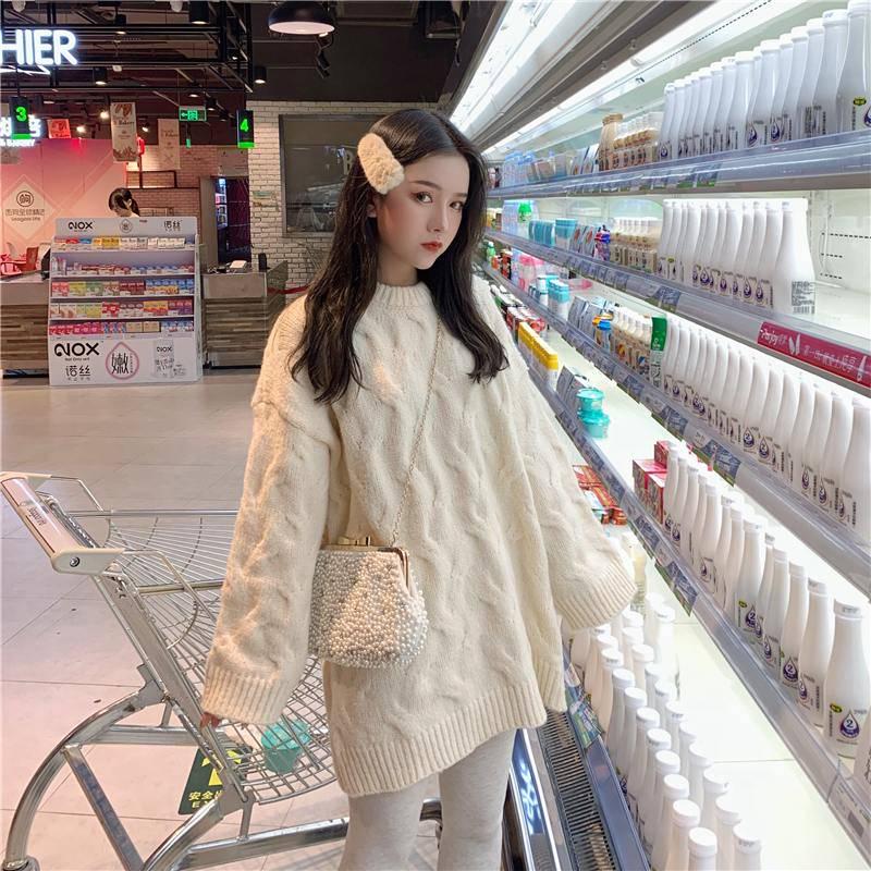 Pofulove Wind Loose Twist Sweet and Gentle  Sweater Long Sleeve Sweater Women Autumn and Winter