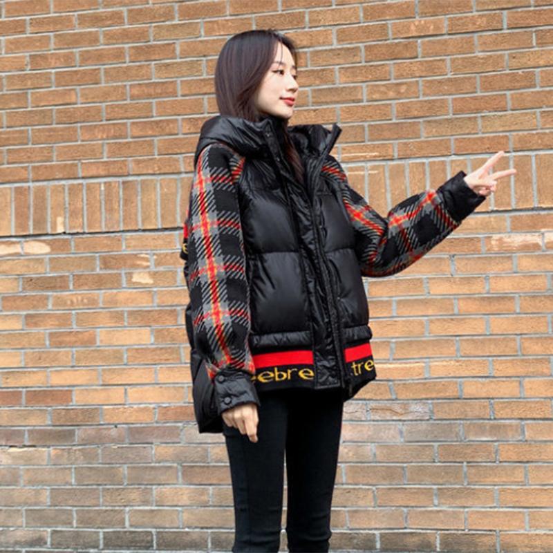 Women's Plaid Print Short Down Jacket Winter Korean Loose Quilted Jacket Casual Warm Hooded Down Jacket
