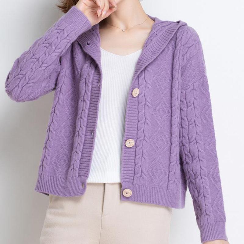 Autumn and Winter Knitted Hoodie Cardigan Short Loose Top Simple Solid Color Female Jacket