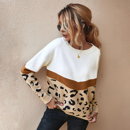 Women Autumn Winter Casual Knitted Sweater Jumper Pullovers Top O-neck Full Sleeve Leopard Patchwork Khaki Brown Gray Army Green S-XL