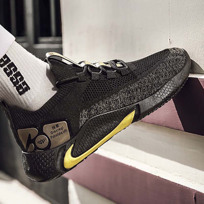 Spring Real Flying Knitting Shoes Men's Breathable Fashion Sneakers Black Gold Men's Sports Running Shoes Men's Shoes