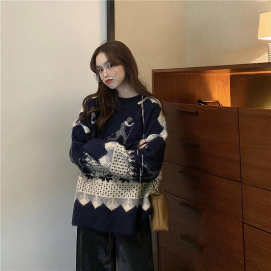 Autumn and Winter Loose Sweater Women's Fashion Wild Diamond-shaped Jacquard Pullover Top