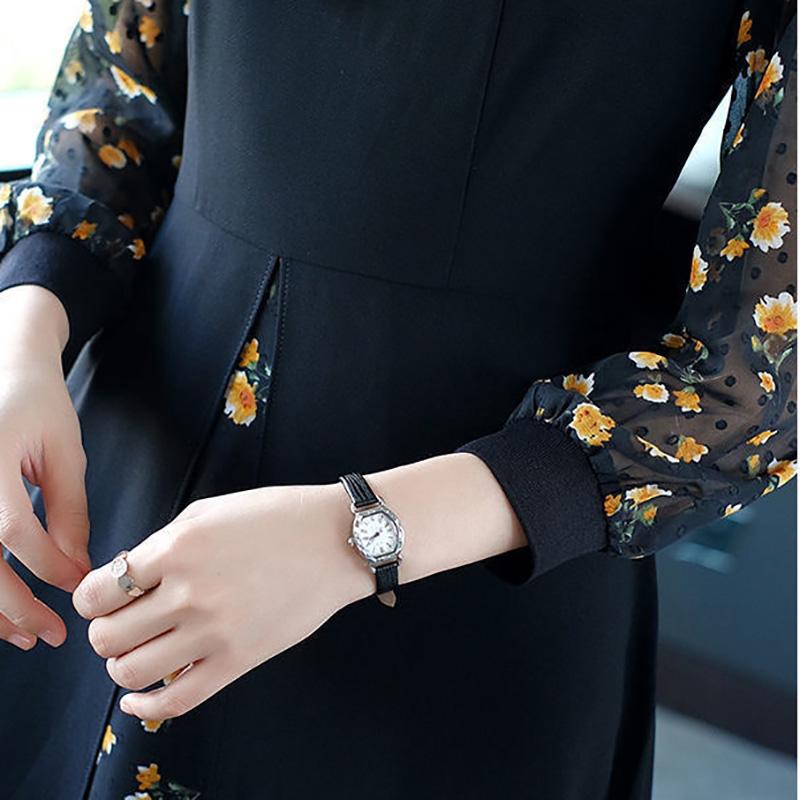 Large Size Women's Chiffon Stitching Fake Two-piece Dress Loose Casual Elegant Long Skirt Black Floral