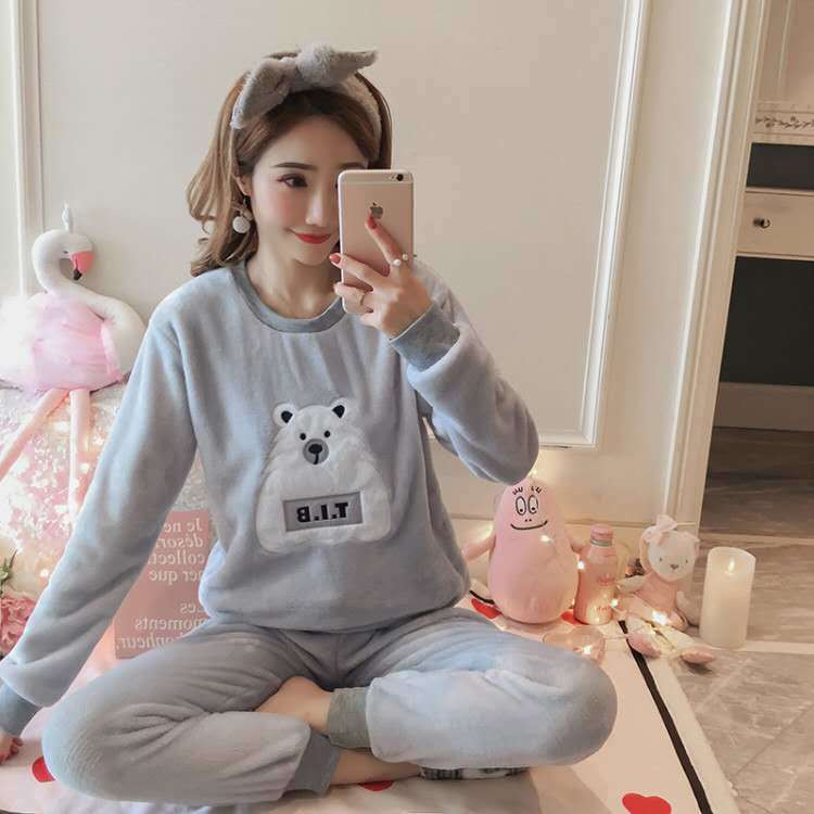 Winter Female Coral Fleece Cute Indoor Pajamas Korean Student Long-sleeved Thick Flannel Plus Size Home Service Suit