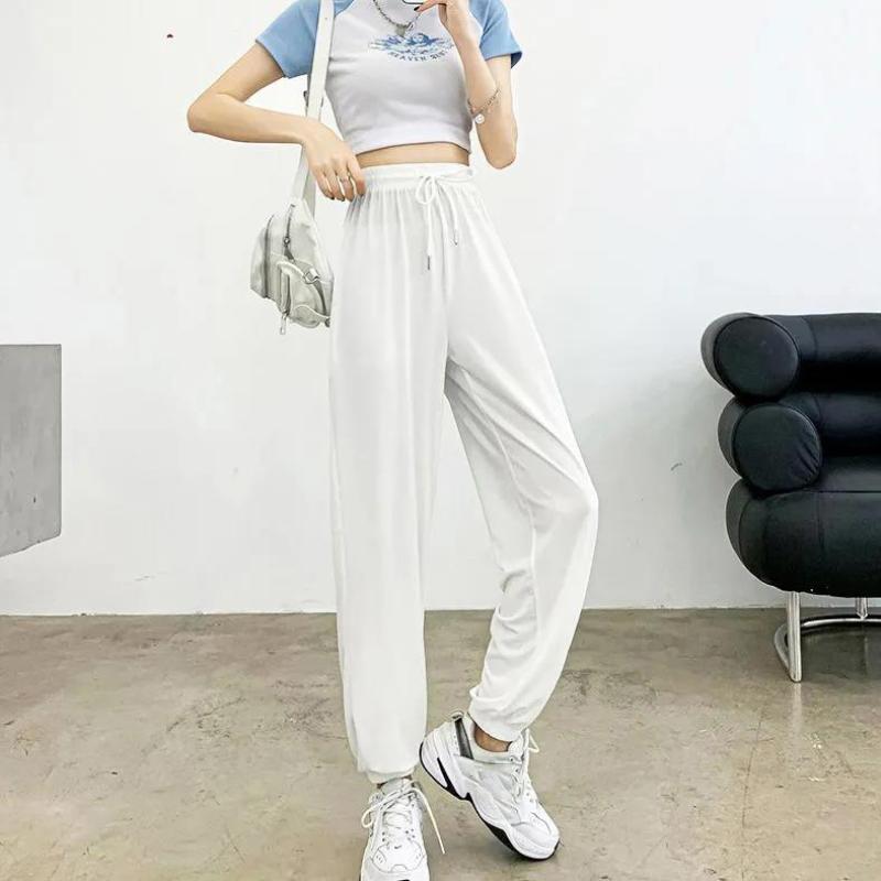 White Ice Silk Sports Pants Women's Summer Thin Section Loose and Thin Nine-point Beam Foot Casual Lantern Pants