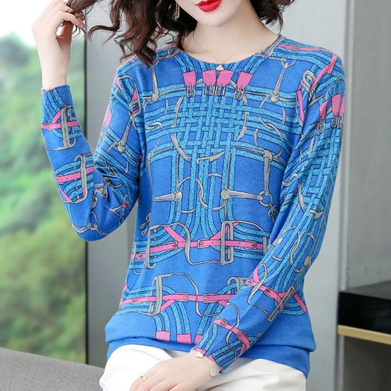 Plus Size Women Woollen  Sweater Printed  Knitted Pullover Sweaters O-Neck Loose Warm Jumper Outwear