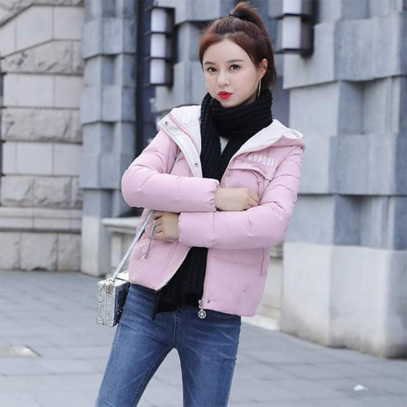 Women's Solid Color Short Down Jacket Winter Korean Style Loose Quilted Jacket Casual Warm Hooded Down Jacket