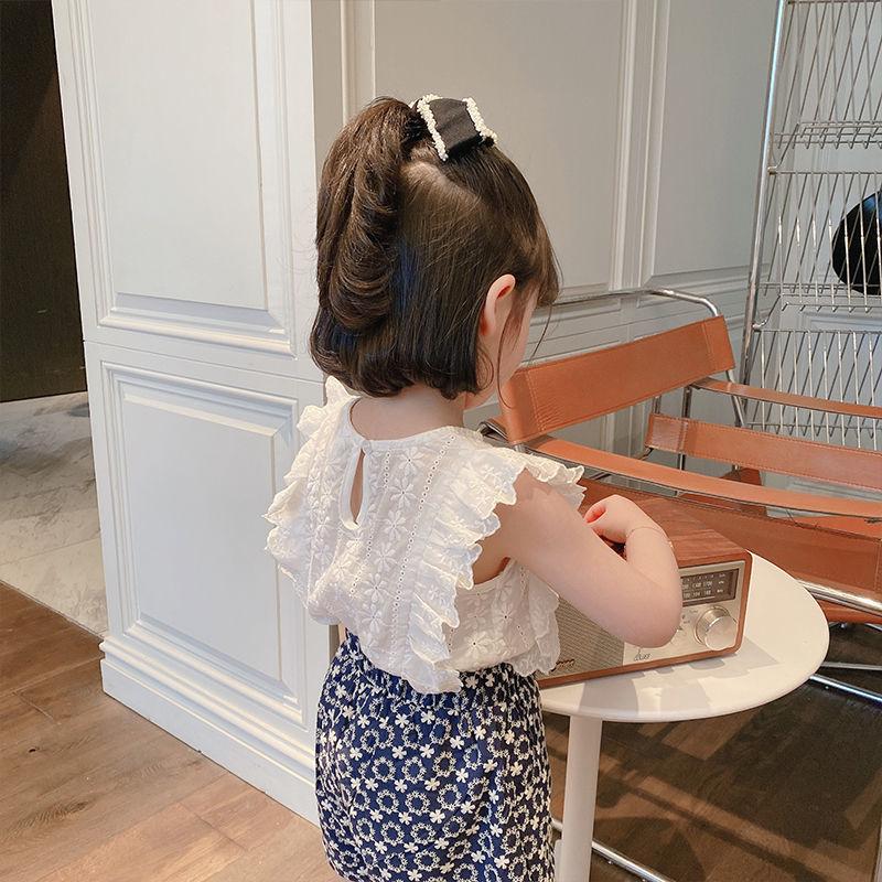 Girls' Summer Dress Foreign Style Shirt Baby Girl Round Neck Flower Shirt Korean Lace Sleeveless Top