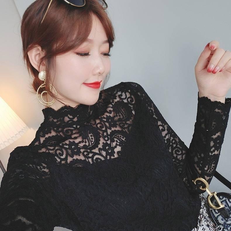 Tight Lace Mesh Beauty Tops Female Half High Collar Bottoming Blouse Feminine Sexy Blouse