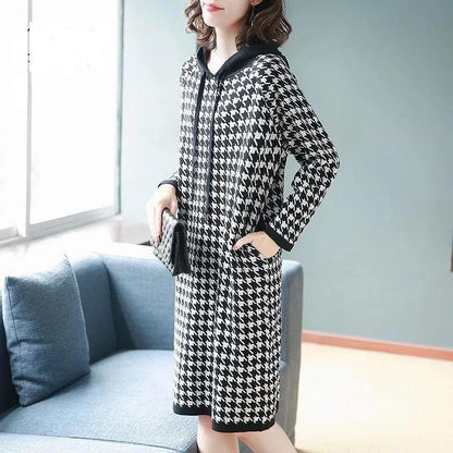XL-XXXXXXL Houndstooth Mid-length Sweater Dress Women Spring and Autumn Plus Size Hooded Long Sleeve Loose Dress