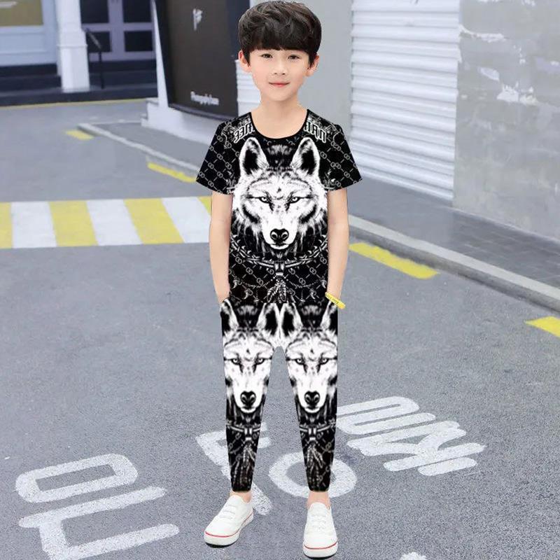 Boys Summer Handsome Short-sleeved Clothes Suit Children's Sports T-shirt Spring and Autumn Trousers Trendy
