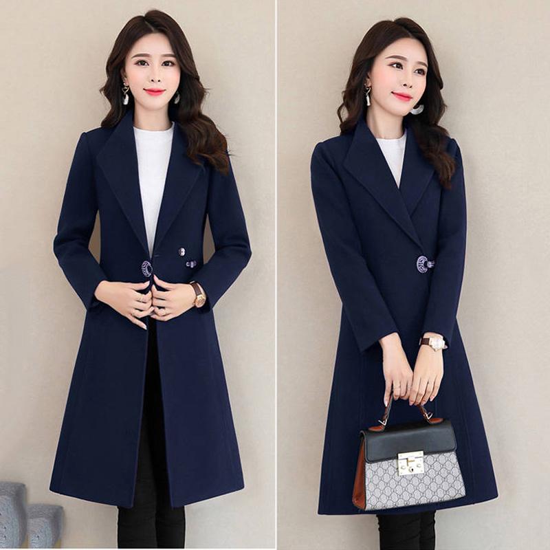 Women Wool Outwear Winter Wool Coat Long Sleeve Turn-Down Collar Blends Jacket Lady Overcoats