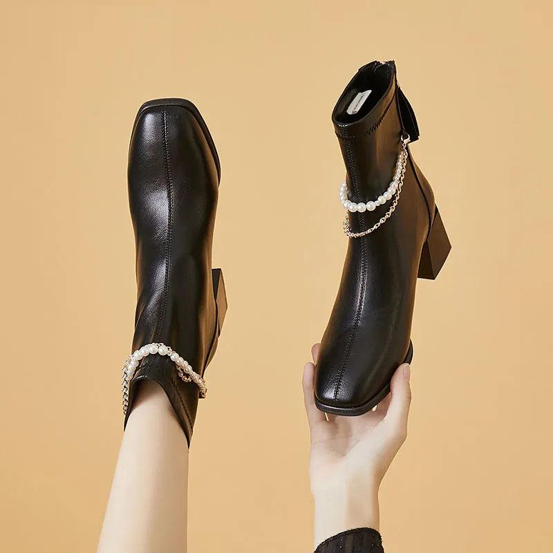Chelsea Boots Women Short Boots Square Toe Autumn and Winter Black Snow Boots Plus Velvet Warm Cotton Boots