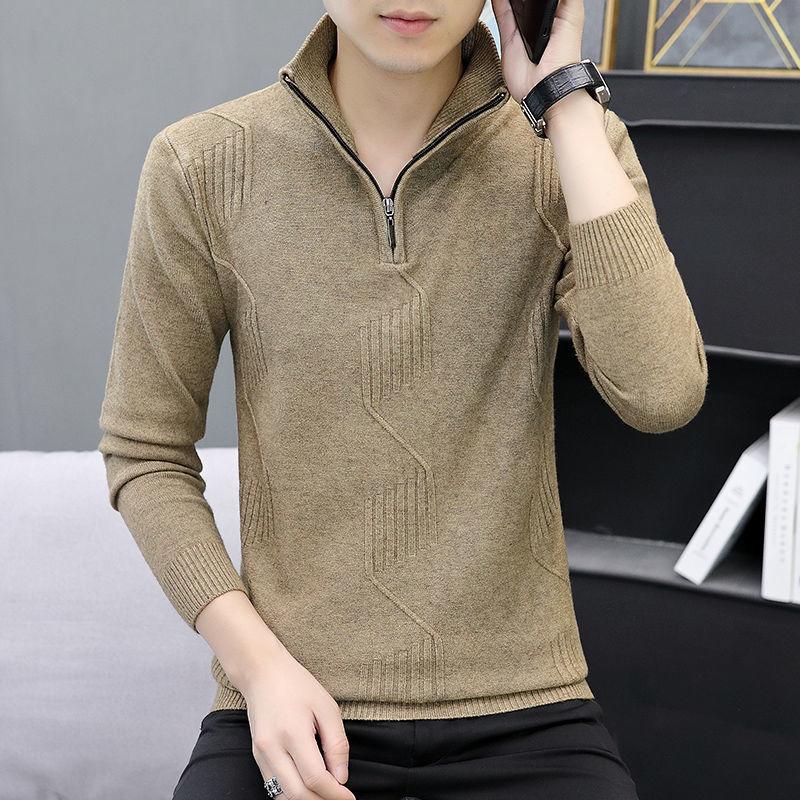Men's Warm and Comfortable Bottoming Shirt Slim Solid Color Knitted Half High Neck Zipper Sweater