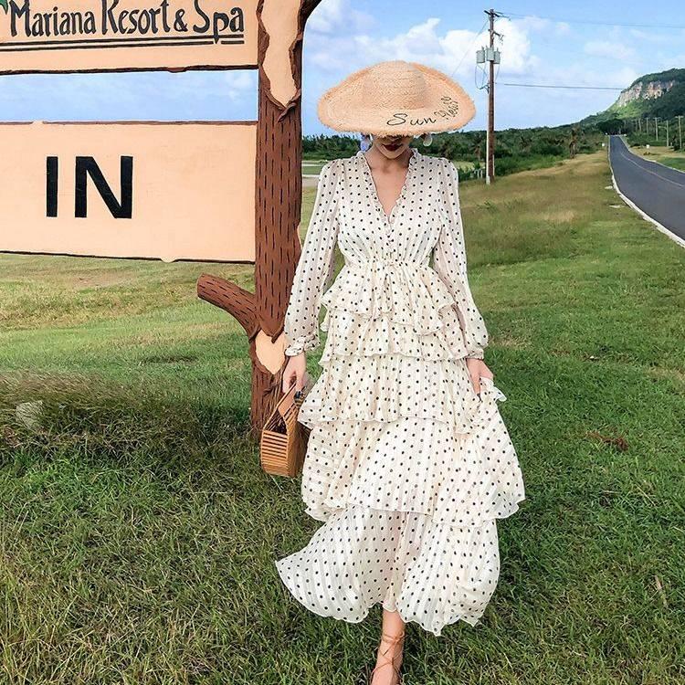 Vintage Casual Flare Sleeve Loose Party Dress Women Boho Polka Dot Print Long Maxi Dress Streetwear
