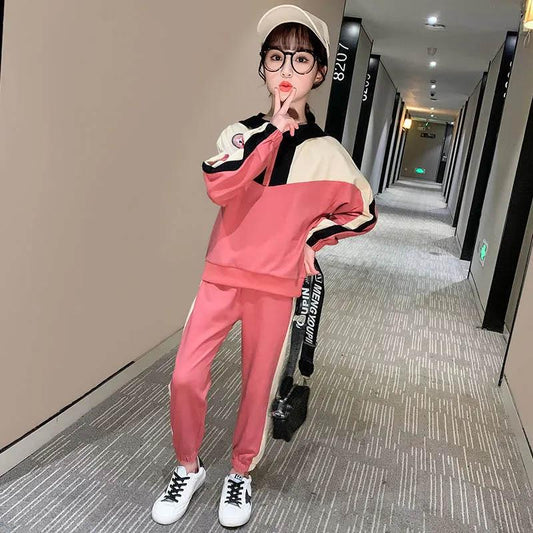 Spring and Autumn Little Girls Thin Sports Casual Clothes Long Sleeves Contrast Color Design Soft Comfortable Breathable Sweat-absorbing Two-piece Set
