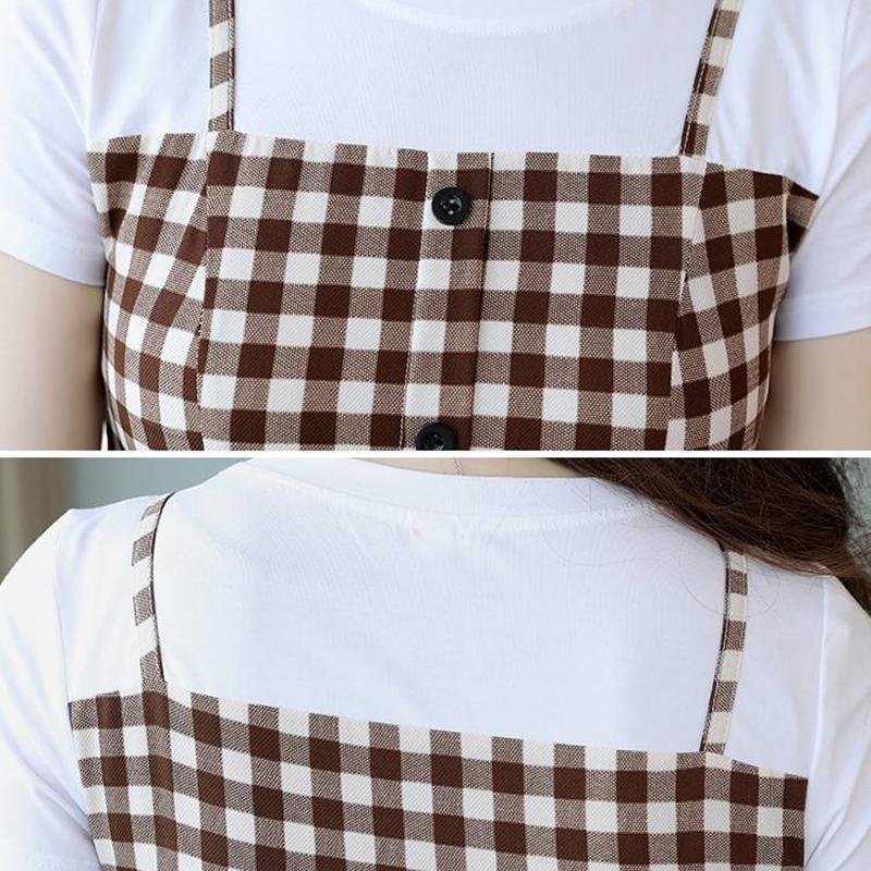Plaid Dress Female Summer Over The Knee Suspender Skirt Waist Small Fresh A-line Skirt Waist Slimming Round Neck Short-sleeved Simple Dress