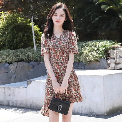 Women's Summer Floral Dress V-neck Slim Ruffled Mid-length Skirt