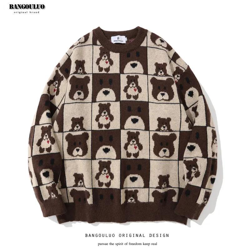 Bear Jacquard National Tide Brand Retro Checkerboard Plaid Round Neck Sweater Men and Women Couple Autumn and Winter Knit Sweater Tide