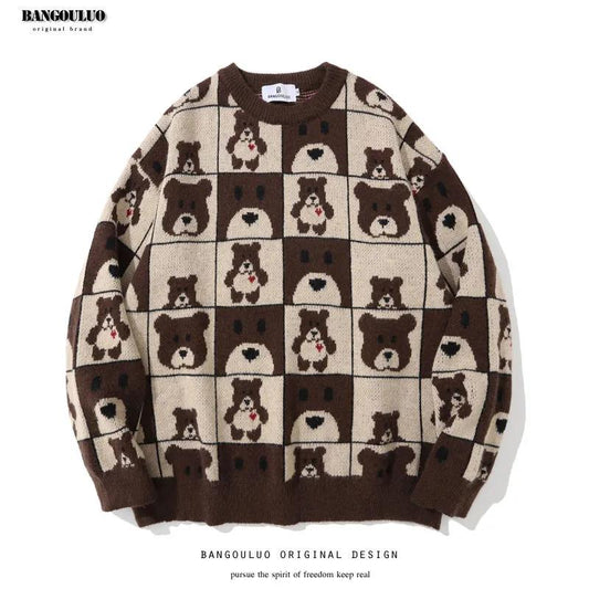 Bear Jacquard National Tide Brand Retro Checkerboard Plaid Round Neck Sweater Men and Women Couple Autumn and Winter Knit Sweater Tide