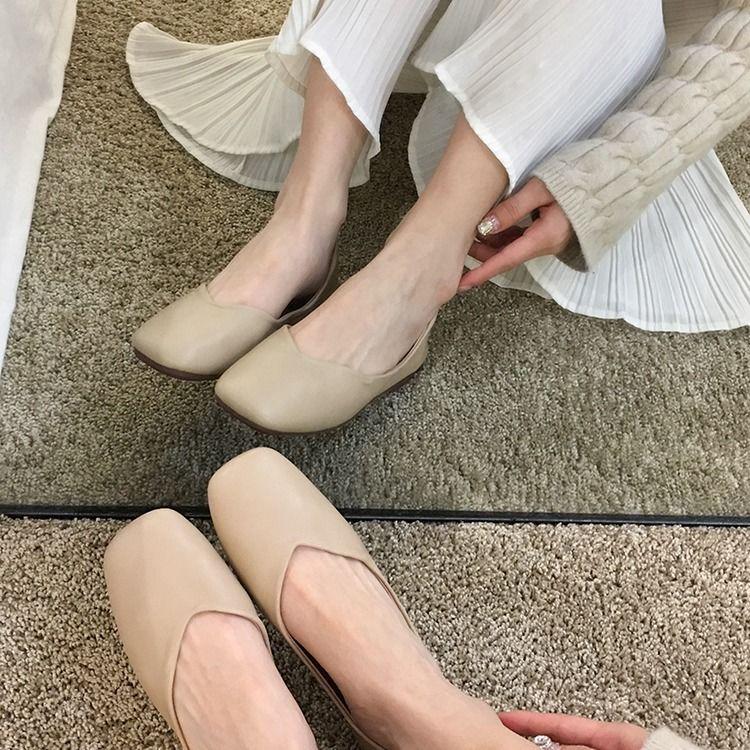 Women 'S Spring Summer Flats Shoes Vintage Soft Leather Low Heels Slip On Footwear Square Head Shoes