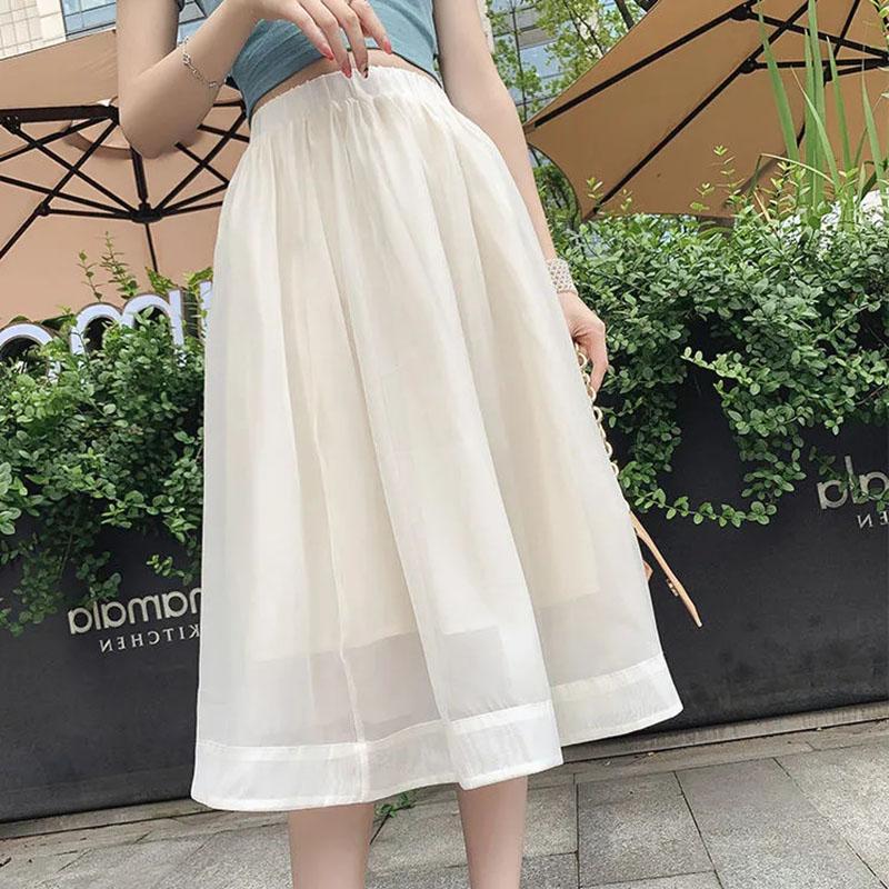 Two-piece Skirt Suit Summer Ladies Bow Tie Cotton Top T-shirt + Organza Chiffon Skirt Sexy Show Waist A-line Skirt Suit