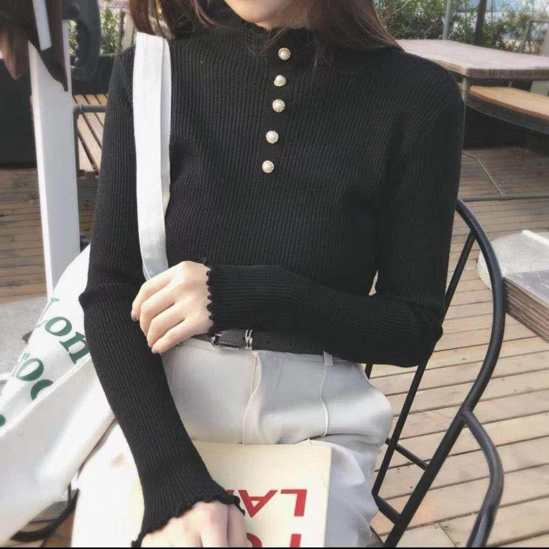Pofulove Fungus Half Turtleneck Sweater Women's Beaded Bottoming Shirt Pullover Sweater Women's Slim