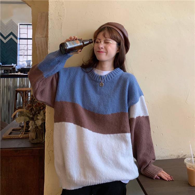 Pofulove Sweater Loose Autumn Winter Korean Lazy Color Matching Striped Round Neck Pullover