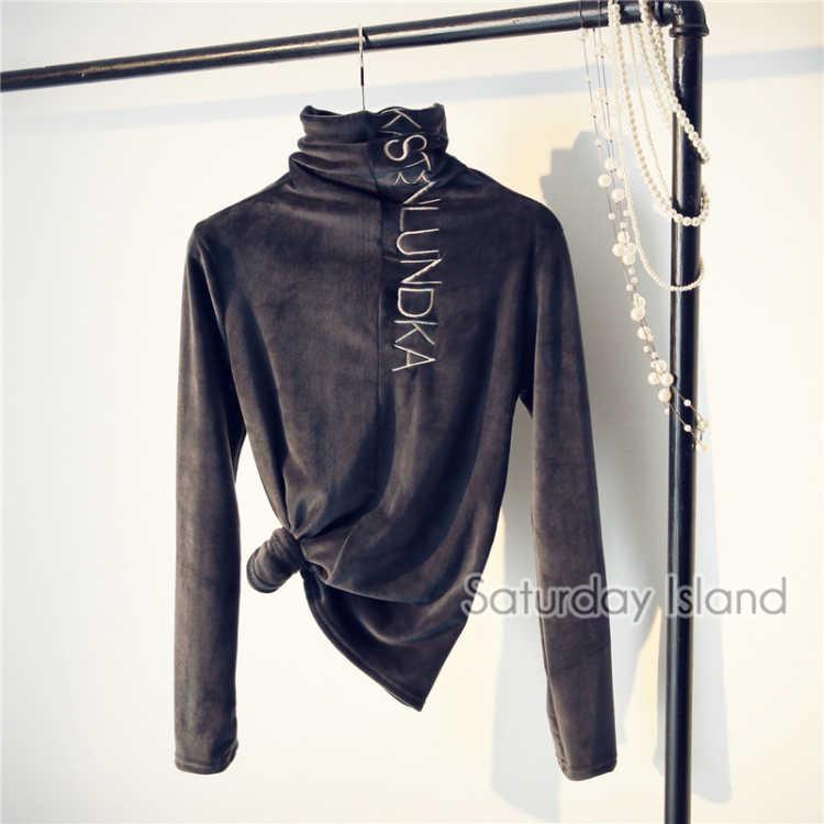 Women winter Embroidered Slim long sleeve turtleneck pullover warm Velvet thick sweater base shirt