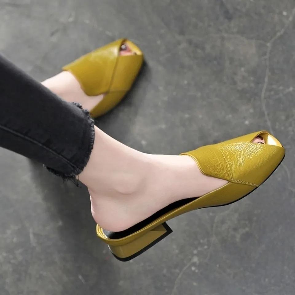 Leather Yellow Sandals Women's Summer Style Open-toe Flat Bottom Fish Mouth Fashion All-match Thick Heel Half Slippers Women
