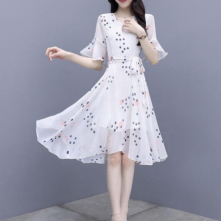 Women Summer Elegant Dress Vintage High Waist Fairy Casual Thin Dress Slim Vintage Dot Print V-neck Pleated Dress
